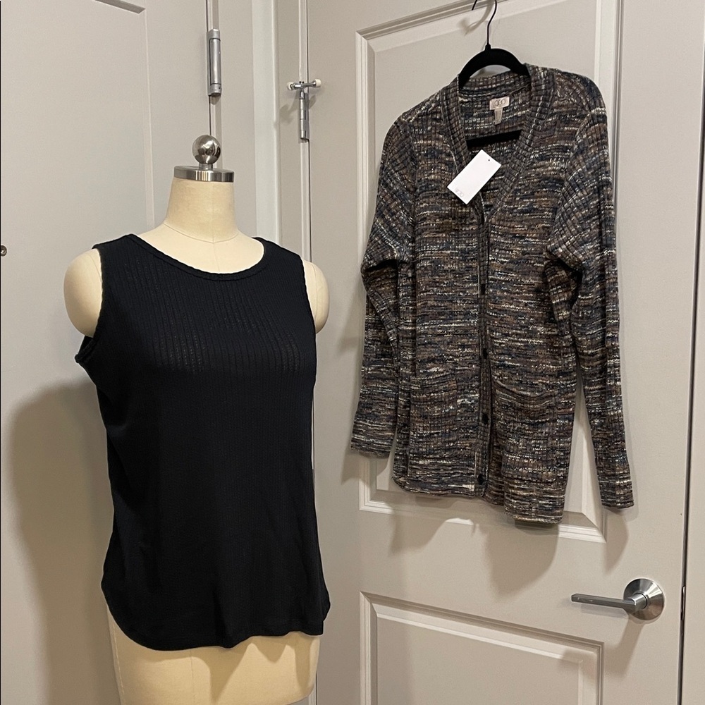 LOGO by Lori Goldstein Black Ribbed Tank Top and Space Dye Cardigan